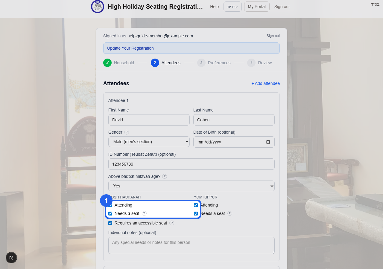 Choose who needs a seat: Needs a seat checkbox for each holiday